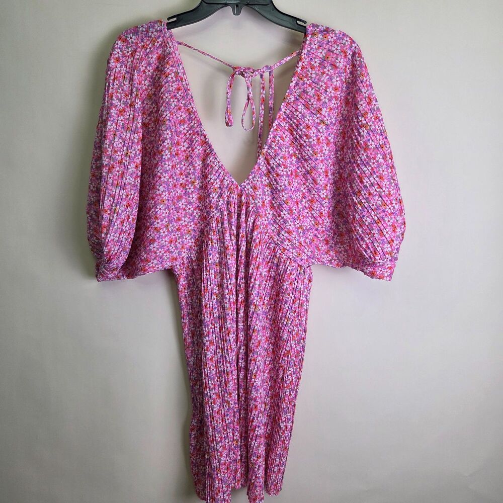 Zara Floral Pleated Puff Sleeve Mini Dress Pink Size Small